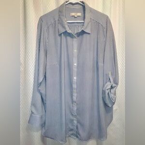 LOFT plus Women's Blue and White Striped Button Down Shirt